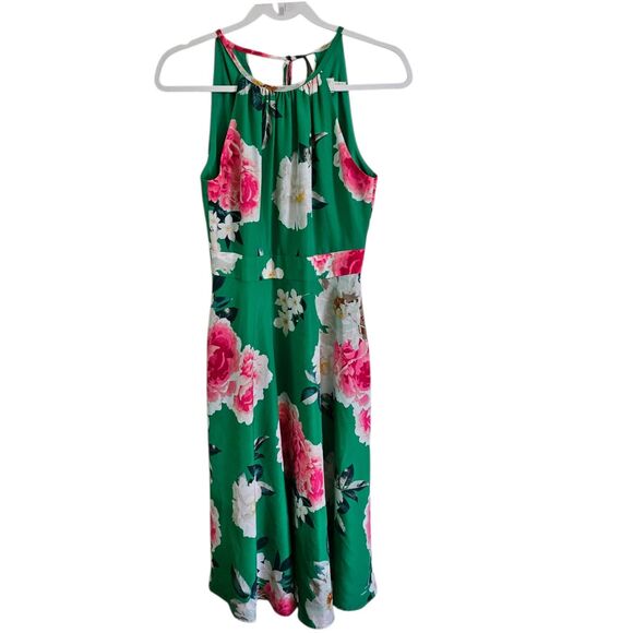 ELIZA J Dress Womens 4 Green Floral Sleeveless Halter‎ Midi Pockets Lined A-Line - Picture 3 of 11